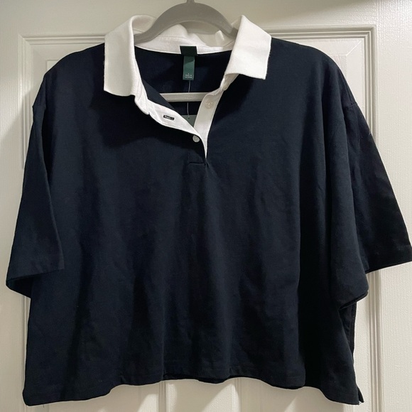 NWT Wild Fable Boxy Cropped Polo Rugby Shirt Black White Collar - Picture 1 of 2